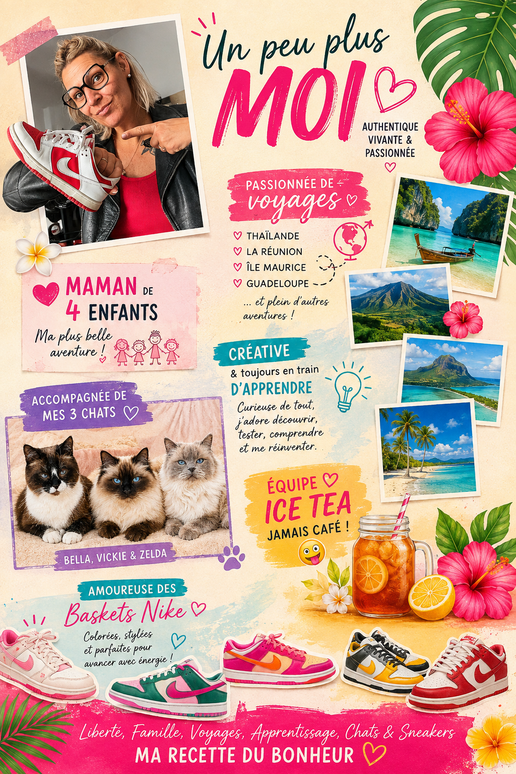 Moodboard personnel de Cycy : famille, voyages, chats, créativité, baskets Nike et Ice Tea